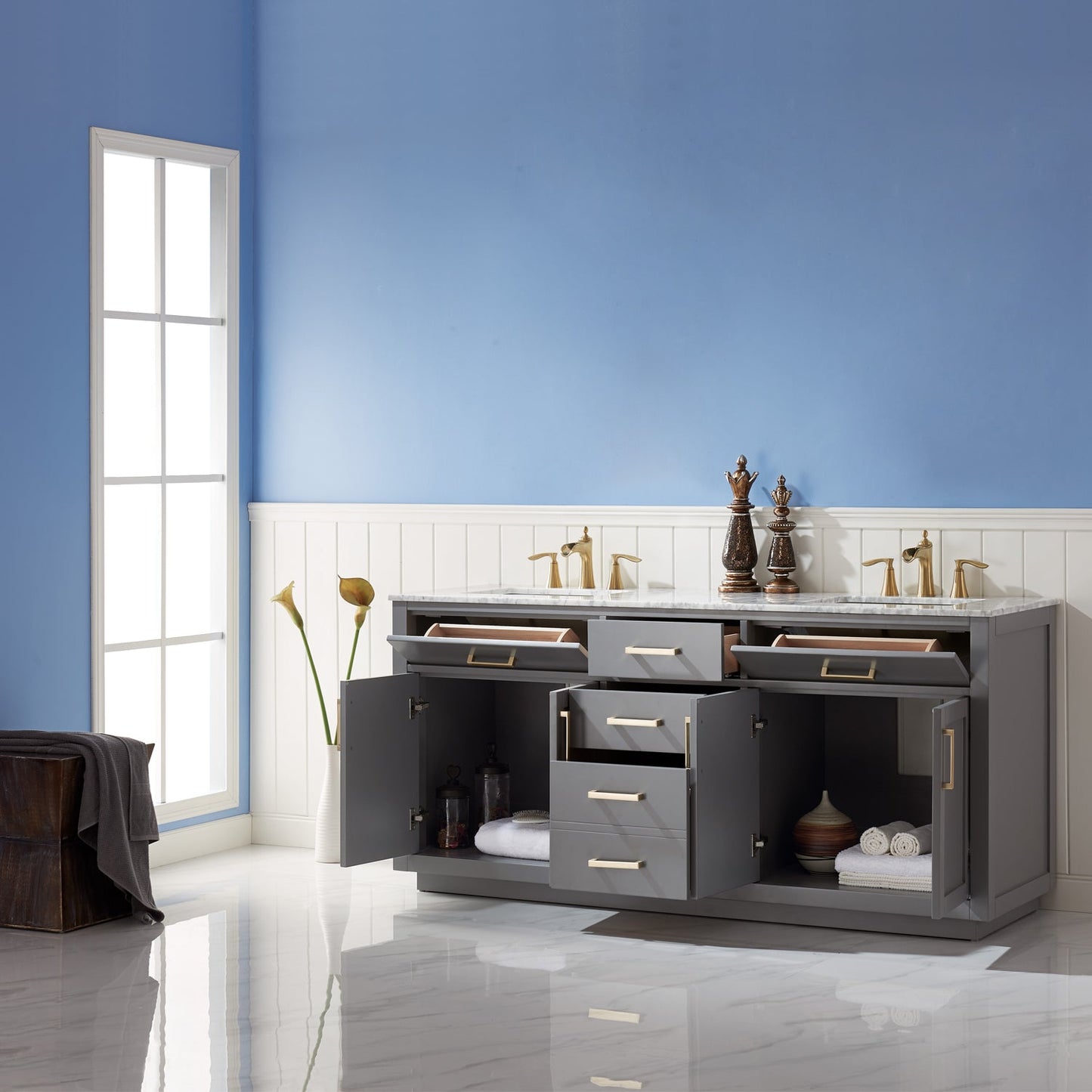 Ivy 72" Double Bathroom Vanity Set in Gray and Carrara White Marble Countertop without Mirror