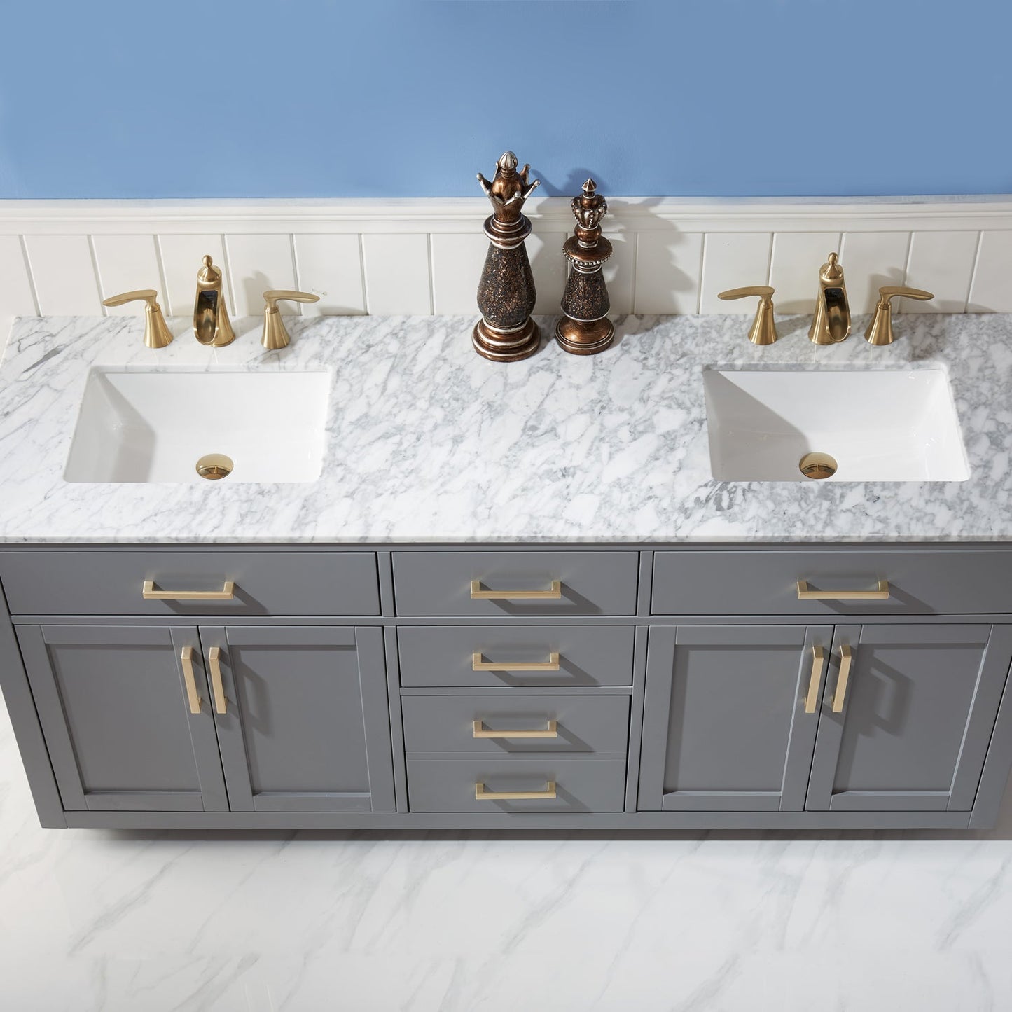 Ivy 72" Double Bathroom Vanity Set in Gray and Carrara White Marble Countertop without Mirror