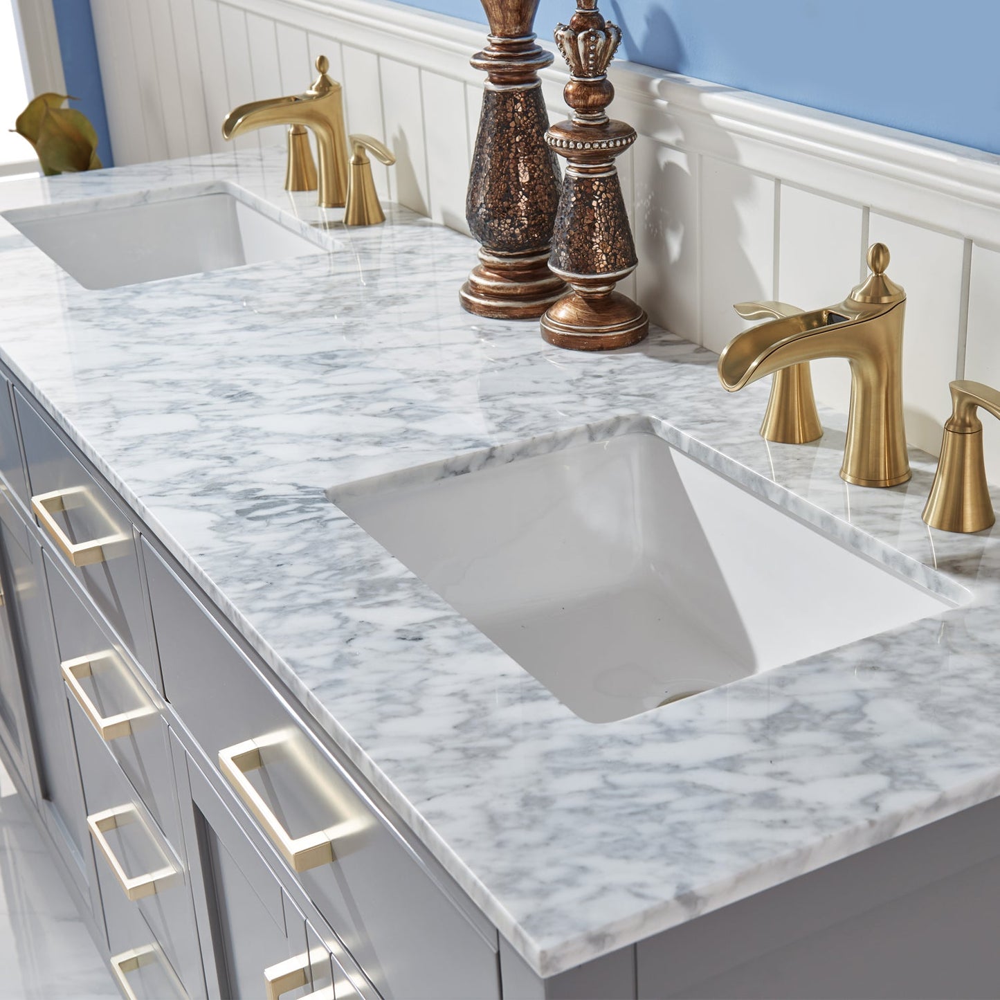 Ivy 72" Double Bathroom Vanity Set in Gray and Carrara White Marble Countertop without Mirror