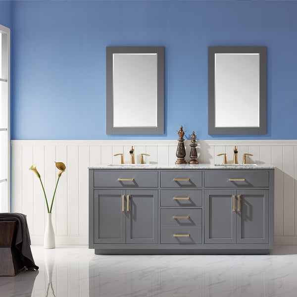 Ivy 72 Double Bathroom Vanity Set in Gray and Carrara White Marble Countertop with Mirror
