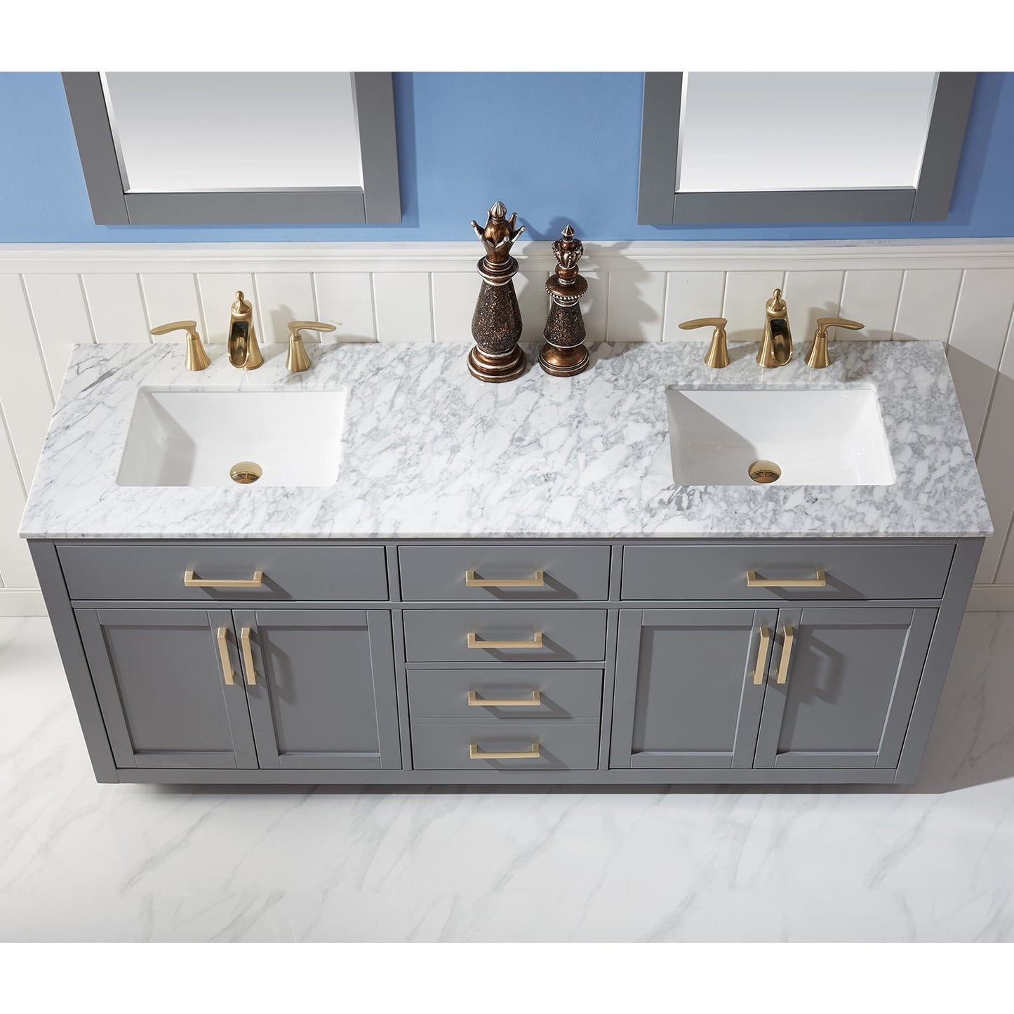 Ivy 72" Double Bathroom Vanity Set in Gray and Carrara White Marble Countertop with Mirror