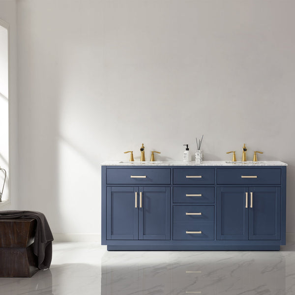 Ivy 72 Double Bathroom Vanity Set in Royal Blue and Carrara White Marble Countertop without Mirror