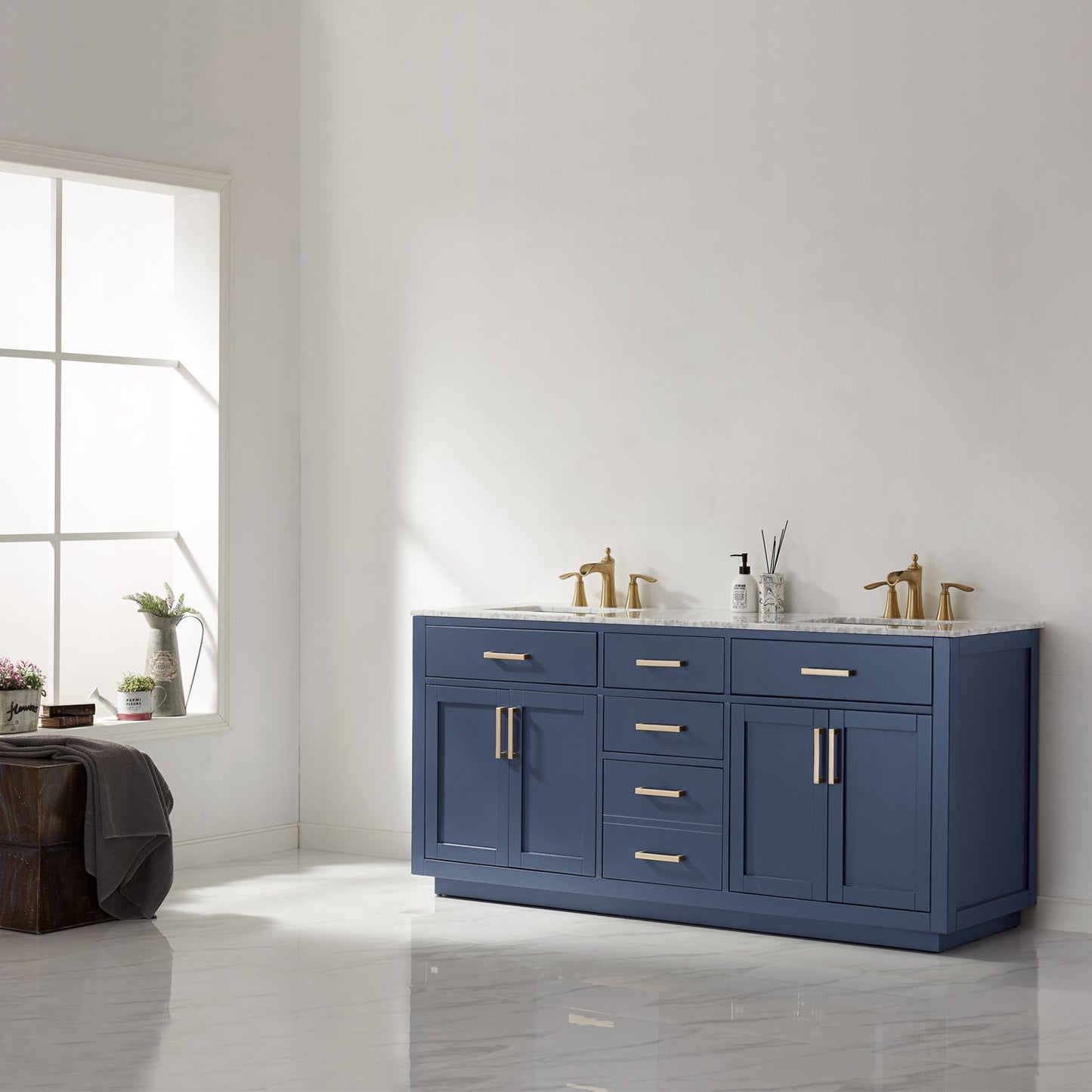 Ivy 72" Double Bathroom Vanity Set in Royal Blue and Carrara White Marble Countertop without Mirror