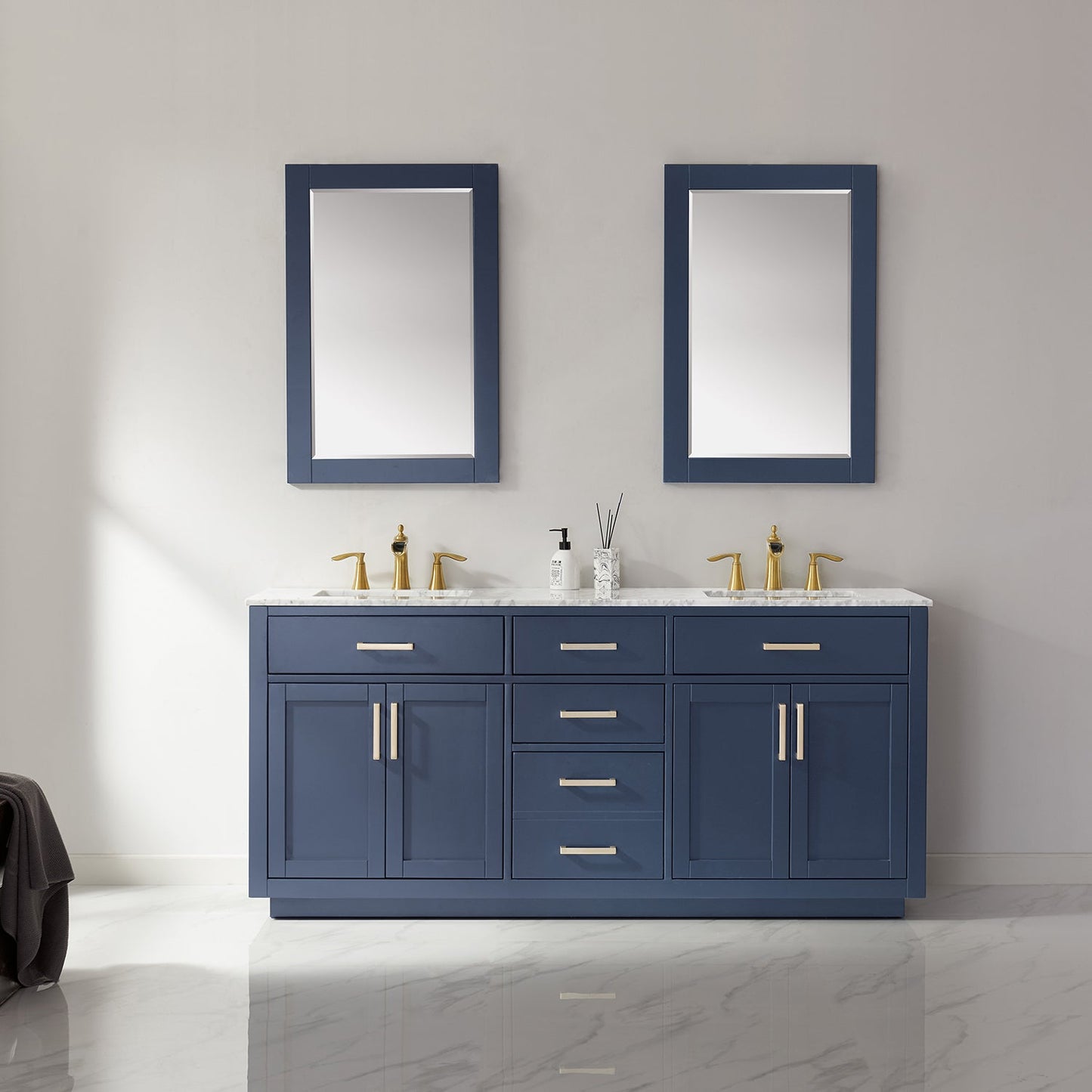 Ivy 72" Double Bathroom Vanity Set in Royal Blue and Carrara White Marble Countertop with Mirror