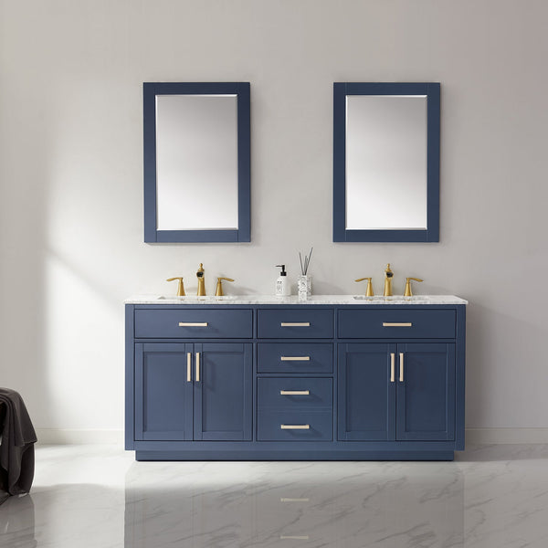 Ivy 72 Double Bathroom Vanity Set in Royal Blue and Carrara White Marble Countertop with Mirror