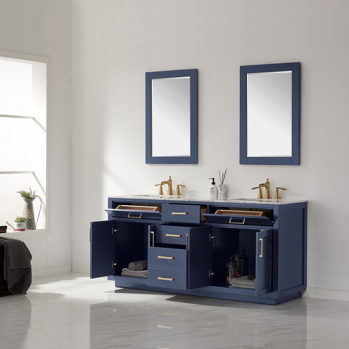 Ivy 72" Double Bathroom Vanity Set in Royal Blue and Carrara White Marble Countertop with Mirror