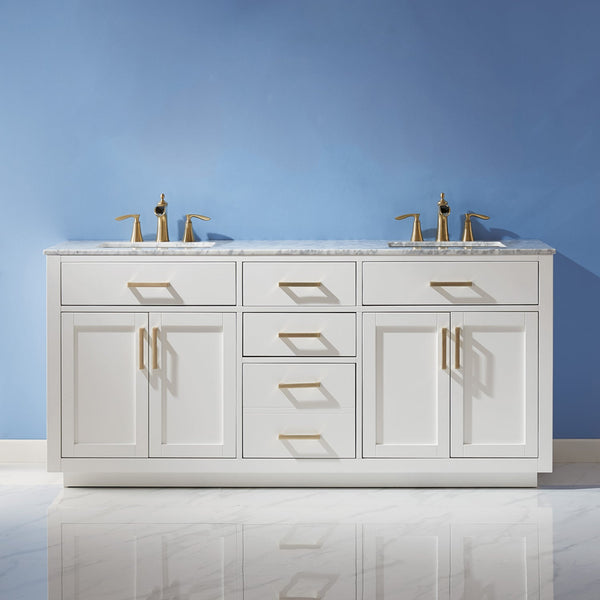 Ivy 72 Double Bathroom Vanity Set in White and Carrara White Marble Countertop without Mirror