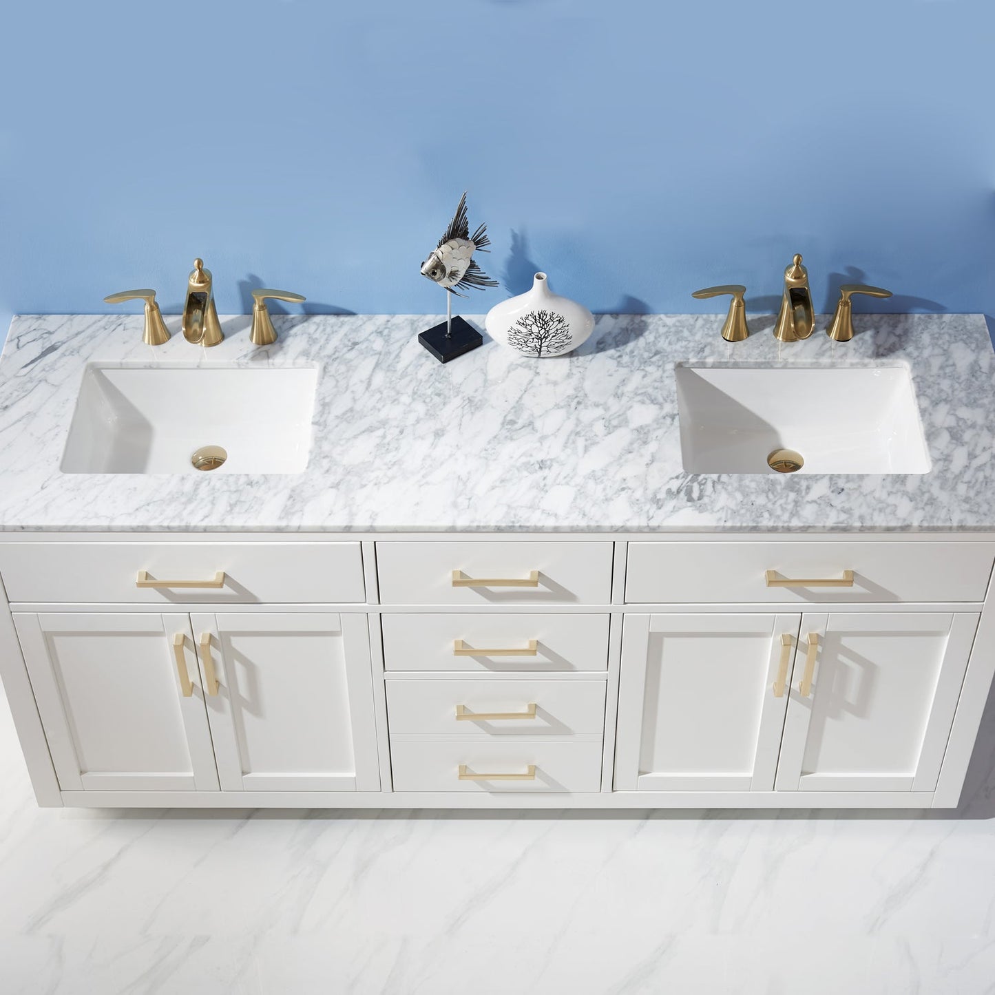 Ivy 72" Double Bathroom Vanity Set in White and Carrara White Marble Countertop without Mirror