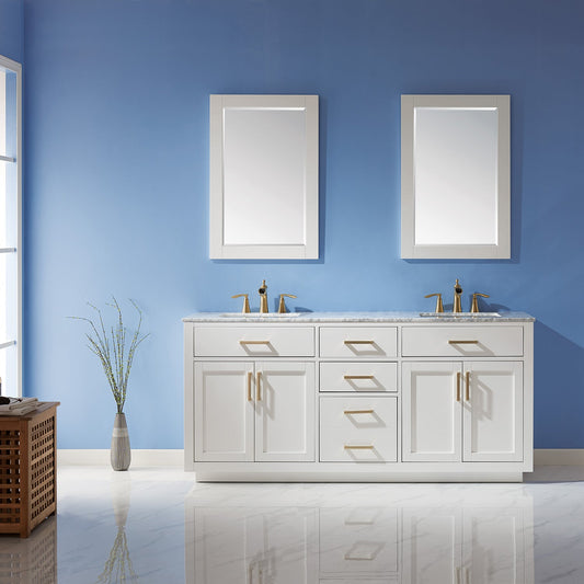 Ivy 72" Double Bathroom Vanity Set in White and Carrara White Marble Countertop with Mirror