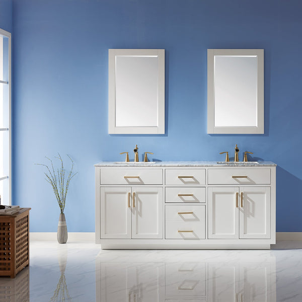 Ivy 72 Double Bathroom Vanity Set in White and Carrara White Marble Countertop with Mirror