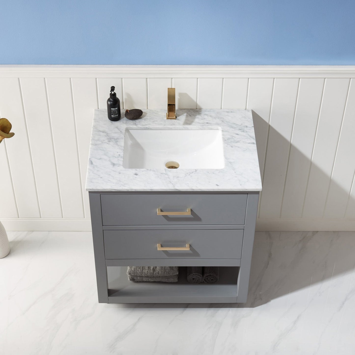 Remi 30" Single Bathroom Vanity Set in Gray and Carrara White Marble Countertop without Mirror