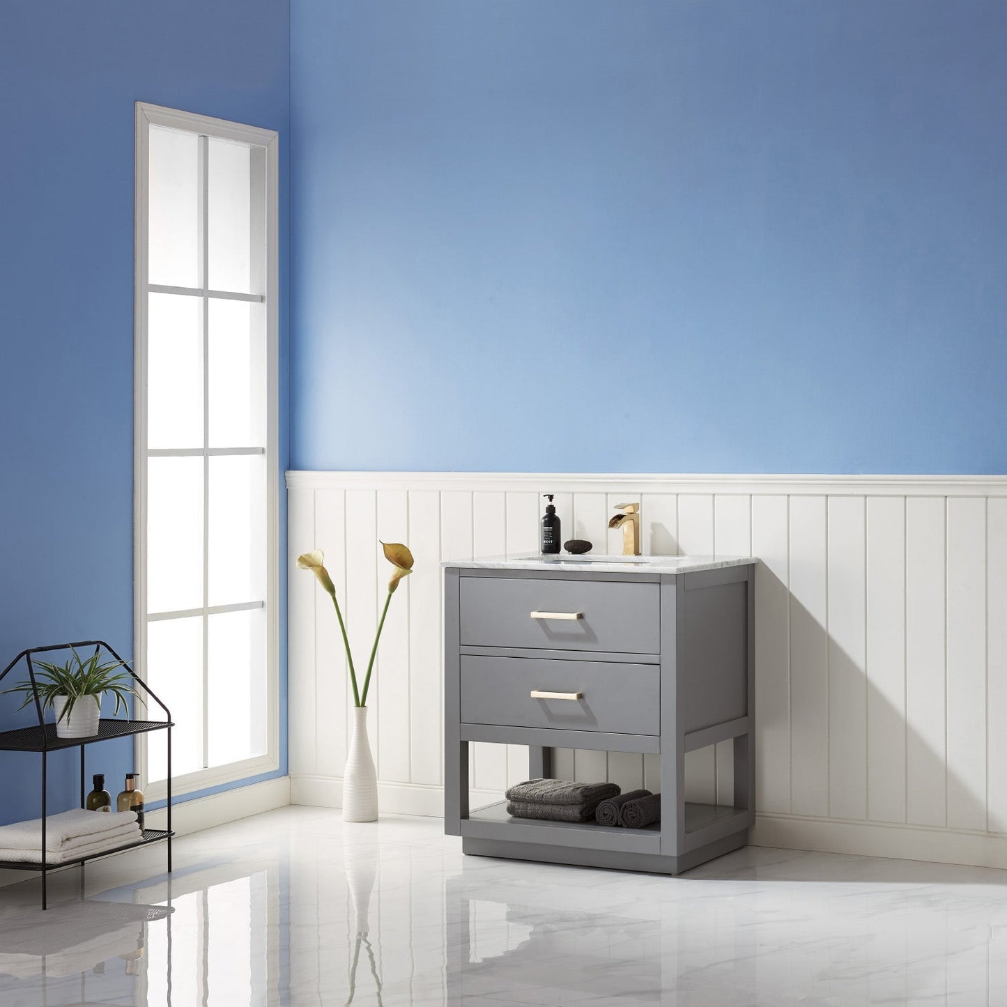 Remi 30" Single Bathroom Vanity Set in Gray and Carrara White Marble Countertop without Mirror