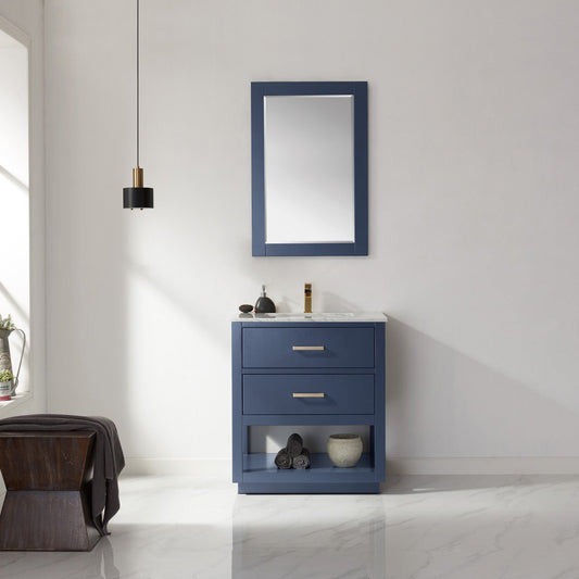 Remi 30" Single Bathroom Vanity Set in Royal Blue and Carrara White Marble Countertop with Mirror