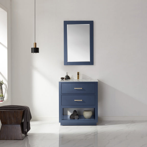 Remi 30 Single Bathroom Vanity Set in Royal Blue and Carrara White Marble Countertop with Mirror