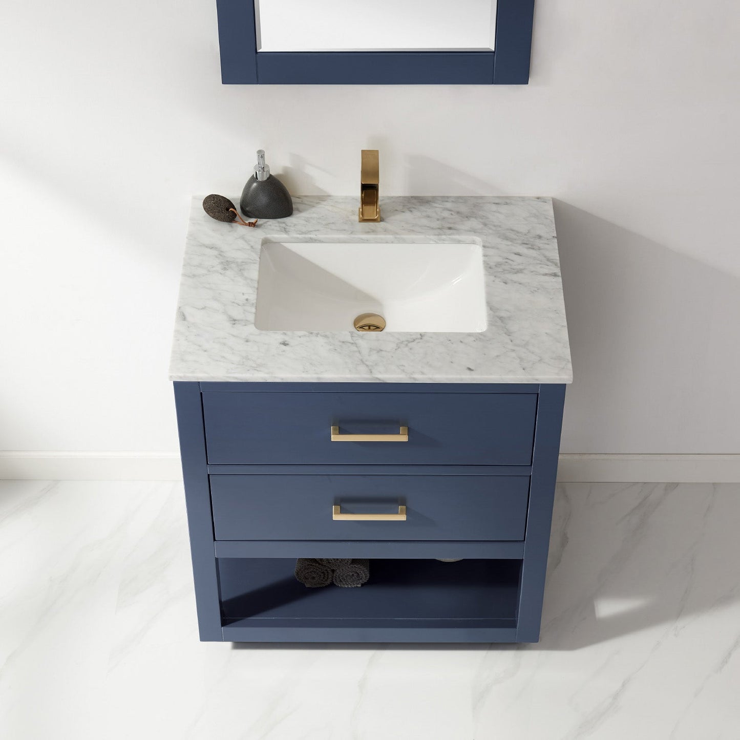 Remi 30" Single Bathroom Vanity Set in Royal Blue and Carrara White Marble Countertop with Mirror