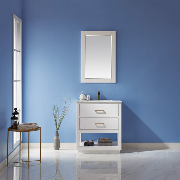 Remi 30 Single Bathroom Vanity Set in White and Carrara White Marble Countertop with Mirror