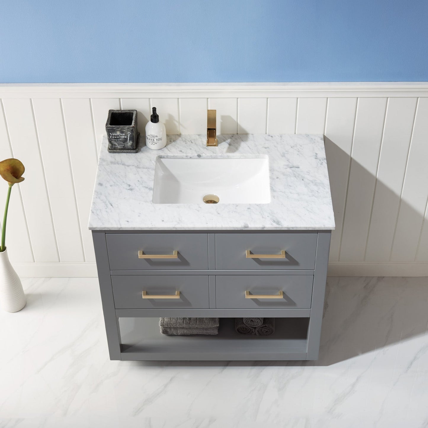 Remi 36" Single Bathroom Vanity Set in Gray and Carrara White Marble Countertop without Mirror