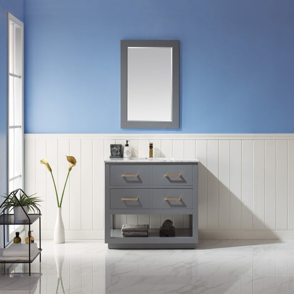 Remi 36 Single Bathroom Vanity Set in Gray and Carrara White Marble Countertop with Mirror