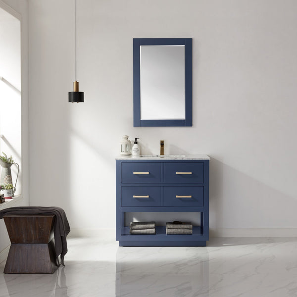 Remi 36 Single Bathroom Vanity Set in Royal Blue and Carrara White Marble Countertop with Mirror