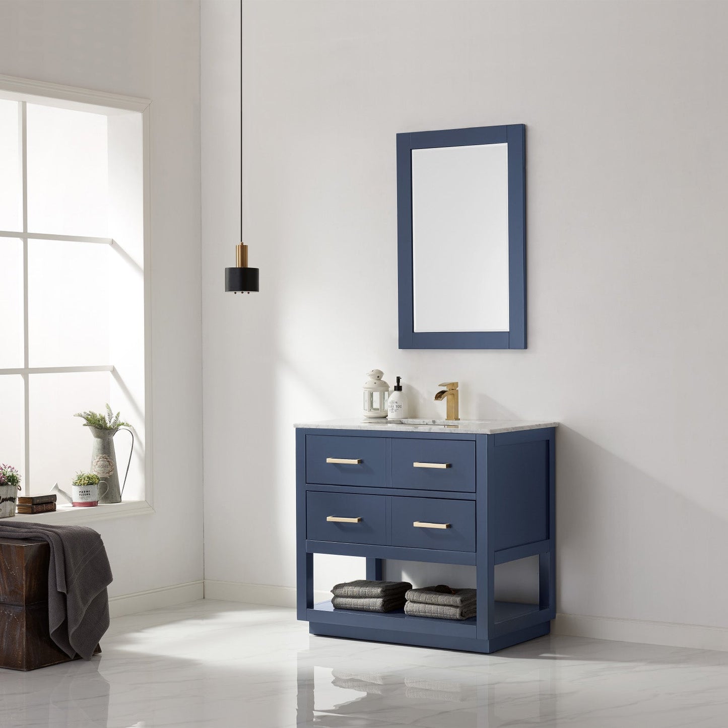 Remi 36" Single Bathroom Vanity Set in Royal Blue and Carrara White Marble Countertop with Mirror