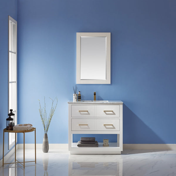 Remi 36 Single Bathroom Vanity Set in White and Carrara White Marble Countertop with Mirror