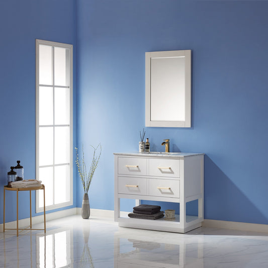 Remi 36" Single Bathroom Vanity Set in White and Carrara White Marble Countertop with Mirror