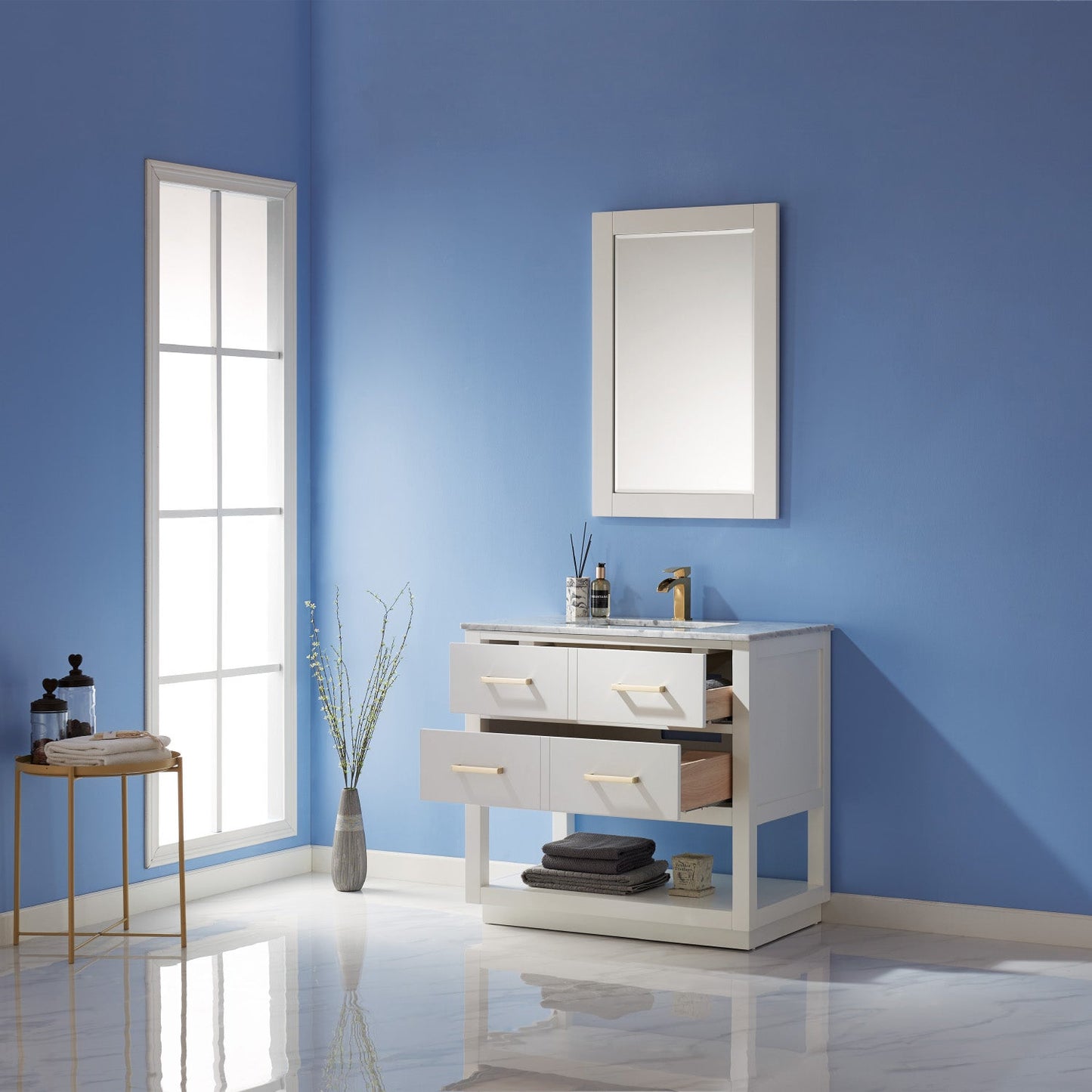 Remi 36" Single Bathroom Vanity Set in White and Carrara White Marble Countertop with Mirror