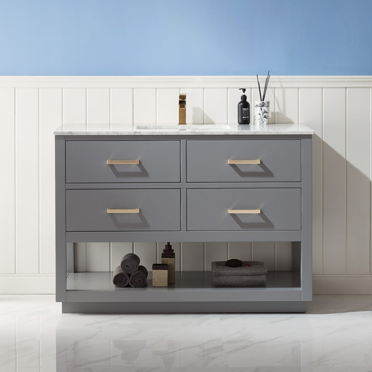 Remi 48" Single Bathroom Vanity Set in Gray and Carrara White Marble Countertop without Mirror