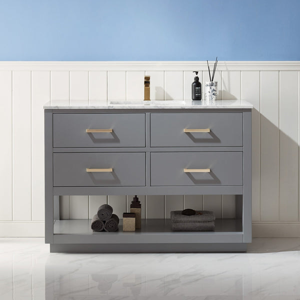 Remi 48 Single Bathroom Vanity Set in Gray and Carrara White Marble Countertop without Mirror