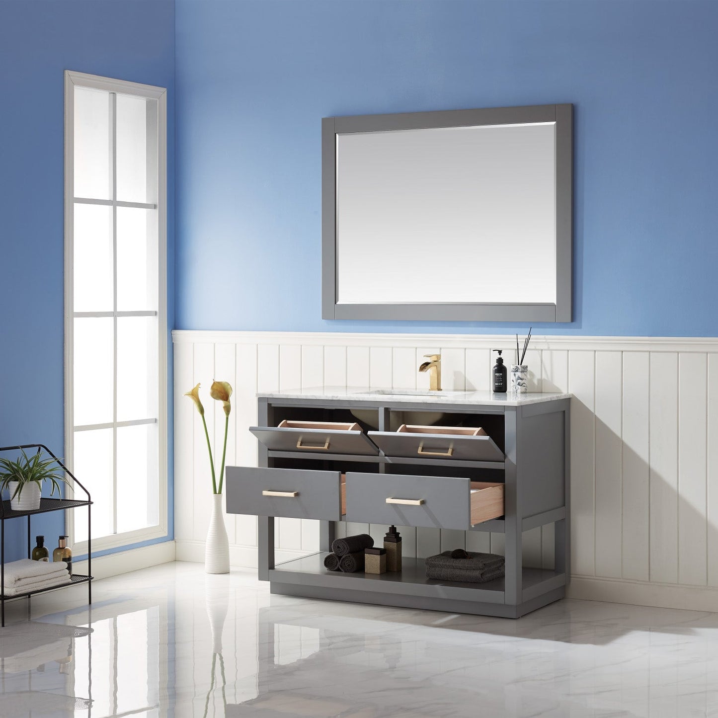 Remi 48" Single Bathroom Vanity Set in Gray and Carrara White Marble Countertop with Mirror