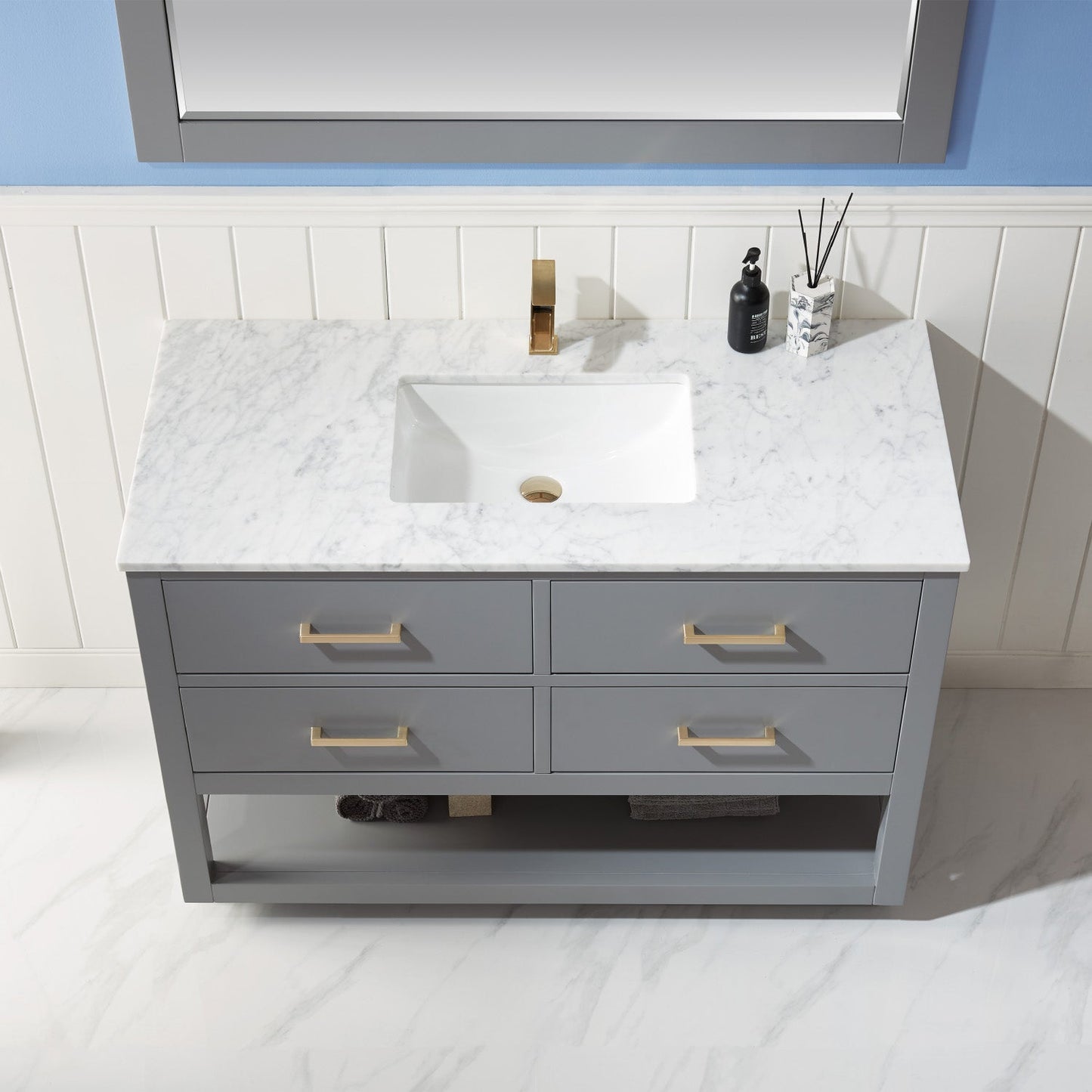 Remi 48" Single Bathroom Vanity Set in Gray and Carrara White Marble Countertop with Mirror
