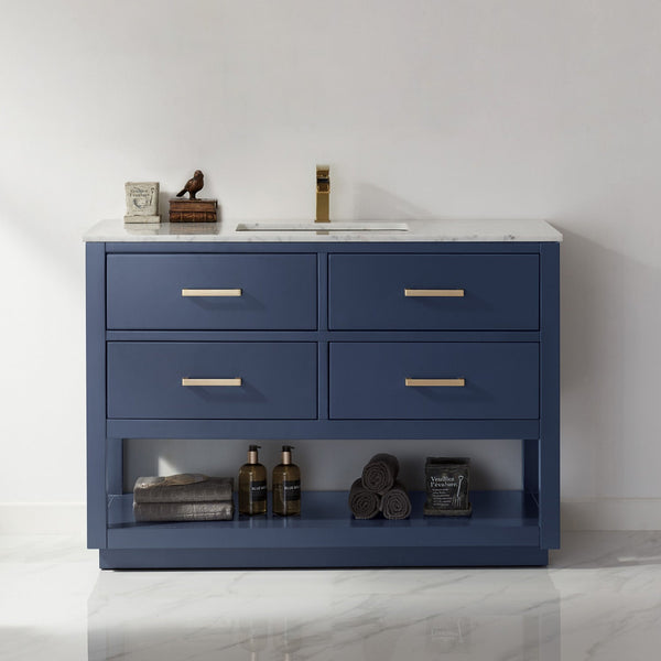 Remi 48 Single Bathroom Vanity Set in Royal Blue and Carrara White Marble Countertop without Mirror