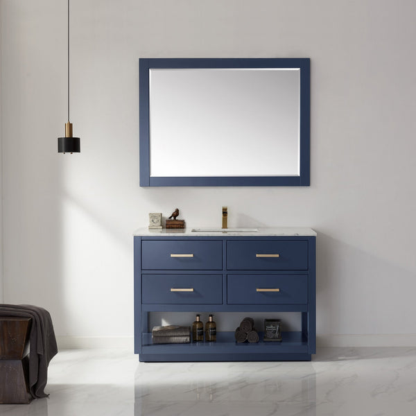 Remi 48 Single Bathroom Vanity Set in Royal Blue and Carrara White Marble Countertop with Mirror