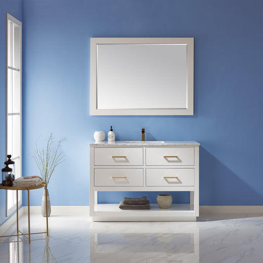 Remi 48" Single Bathroom Vanity Set in White and Carrara White Marble Countertop with Mirror