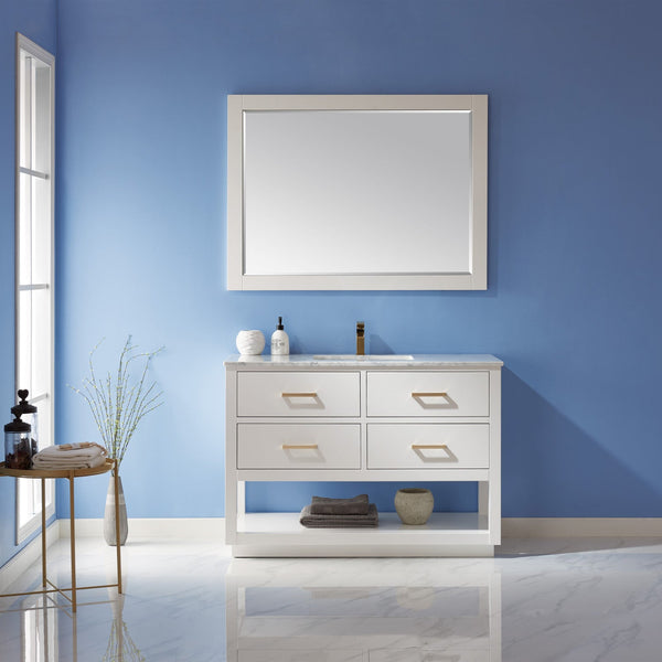 Remi 48 Single Bathroom Vanity Set in White and Carrara White Marble Countertop with Mirror