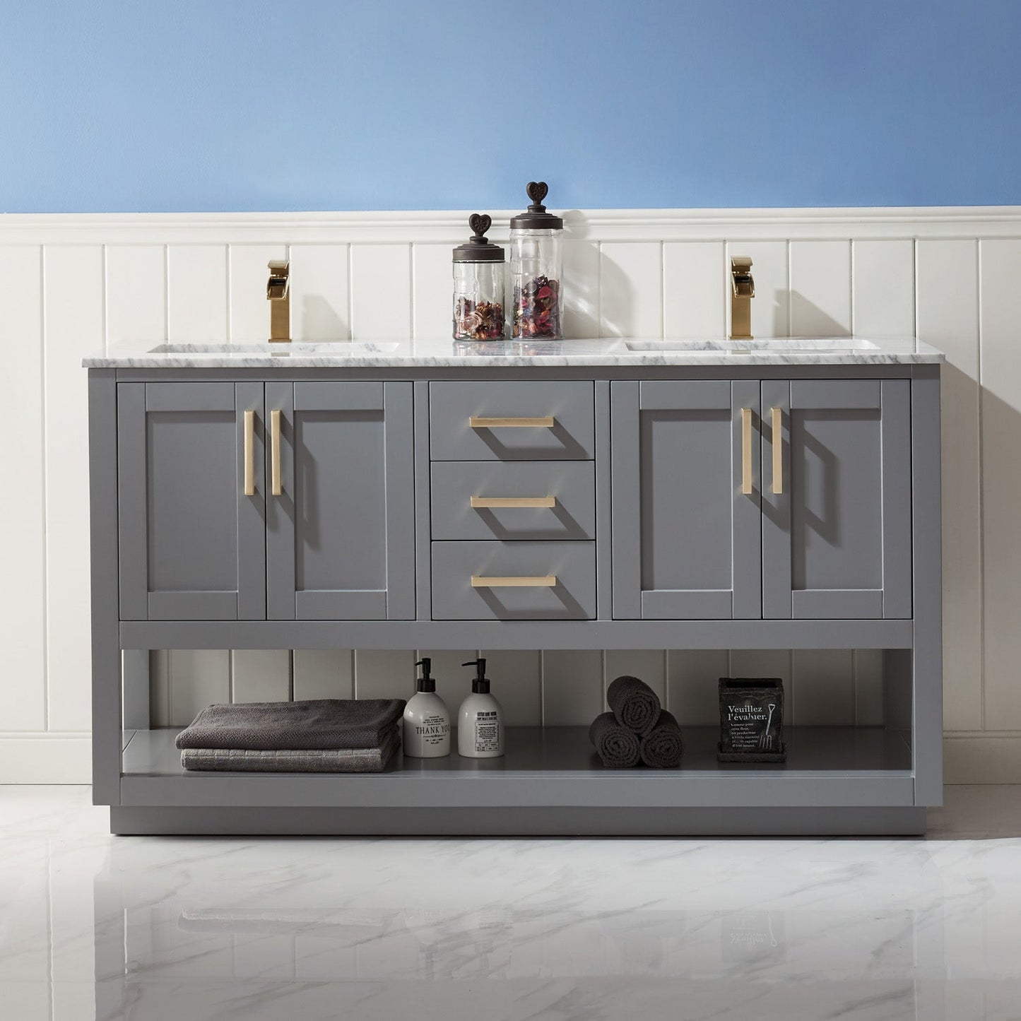 Remi 60" Double Bathroom Vanity Set in Gray and Carrara White Marble Countertop without Mirror