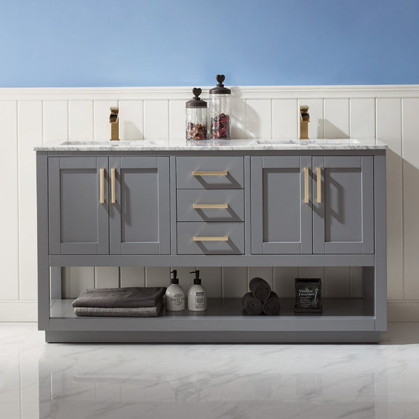 Remi 60 Double Bathroom Vanity Set in Gray and Carrara White Marble Countertop without Mirror