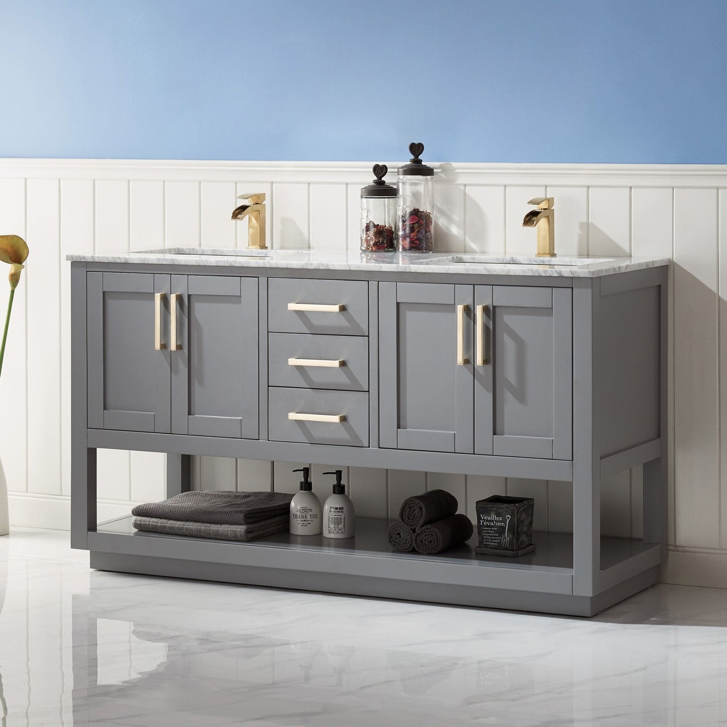 Remi 60" Double Bathroom Vanity Set in Gray and Carrara White Marble Countertop without Mirror