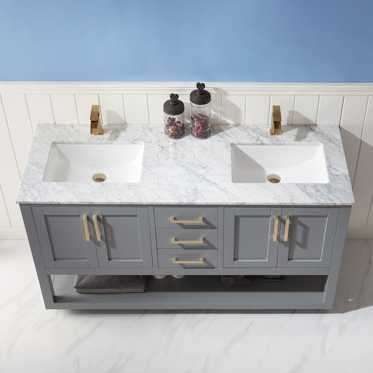 Remi 60" Double Bathroom Vanity Set in Gray and Carrara White Marble Countertop without Mirror