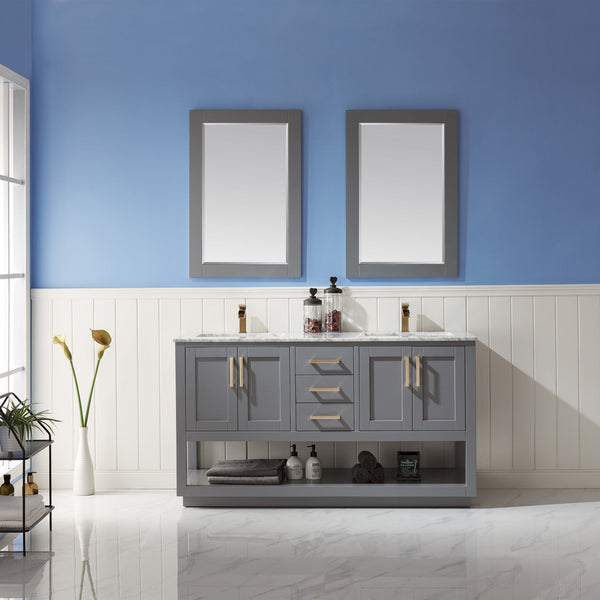 Remi 60 Double Bathroom Vanity Set in Gray and Carrara White Marble Countertop with Mirror