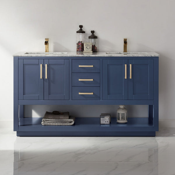 Remi 60 Double Bathroom Vanity Set in Royal Blue and Carrara White Marble Countertop without Mirror