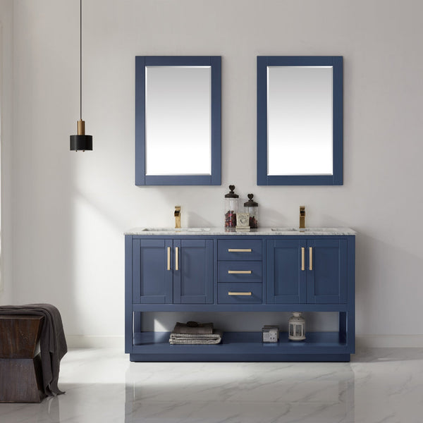 Remi 60 Double Bathroom Vanity Set in Royal Blue and Carrara White Marble Countertop with Mirror