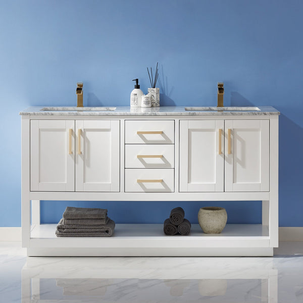 Remi 60 Double Bathroom Vanity Set in White and Carrara White Marble Countertop without Mirror