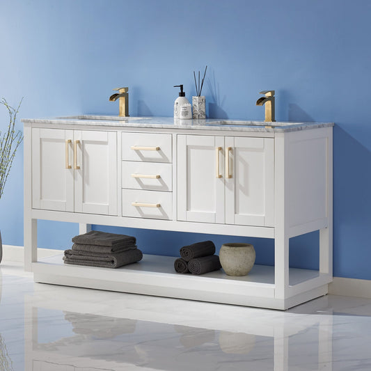 Remi 60" Double Bathroom Vanity Set in White and Carrara White Marble Countertop without Mirror