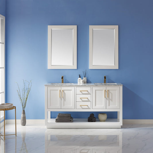 Remi 60" Double Bathroom Vanity Set in White and Carrara White Marble Countertop with Mirror