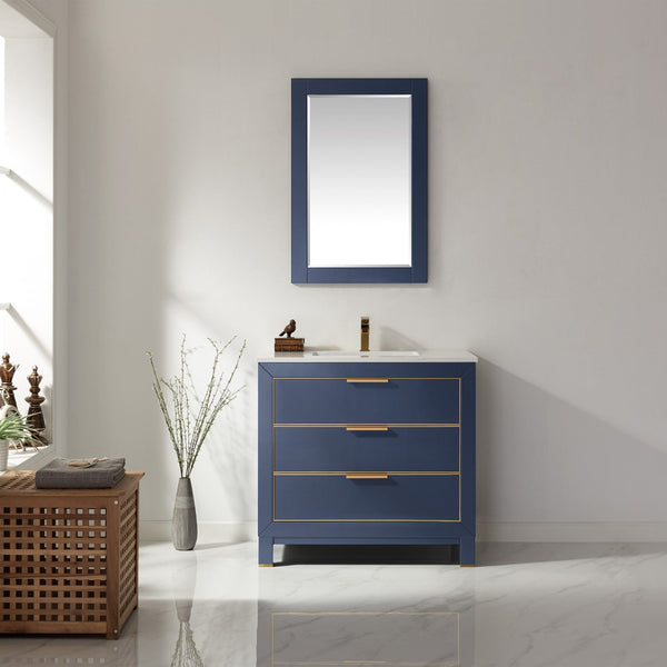 Jackson 36 Single Bathroom Vanity Set in Royal Blue and Composite Carrara White Stone Countertop with Mirror