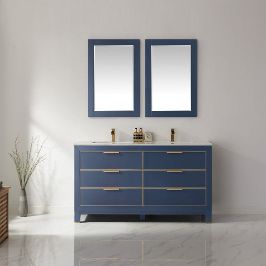 Jackson 60" Double Bathroom Vanity Set in Royal Blue and Composite Carrara White Stone Countertop with Mirror