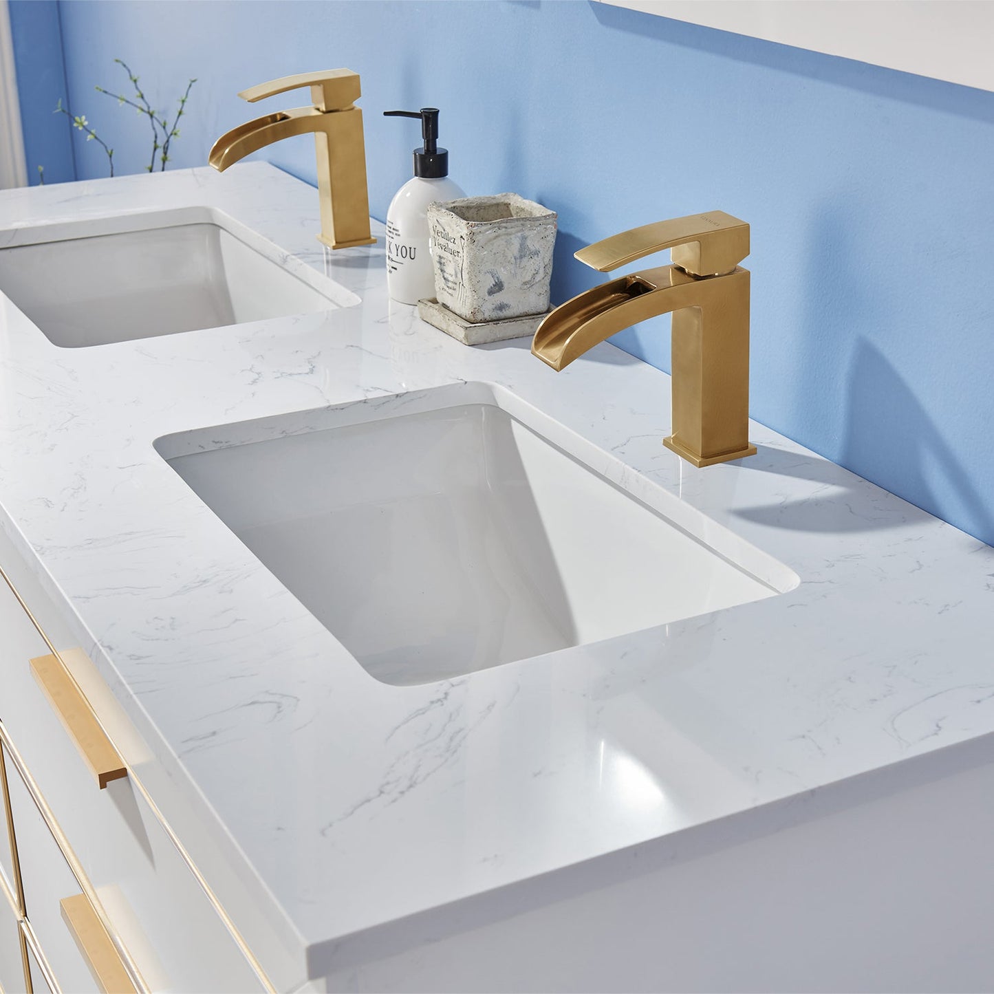 Jackson 60" Double Bathroom Vanity Set in White and Aosta White Composite Stone Countertop with Mirror