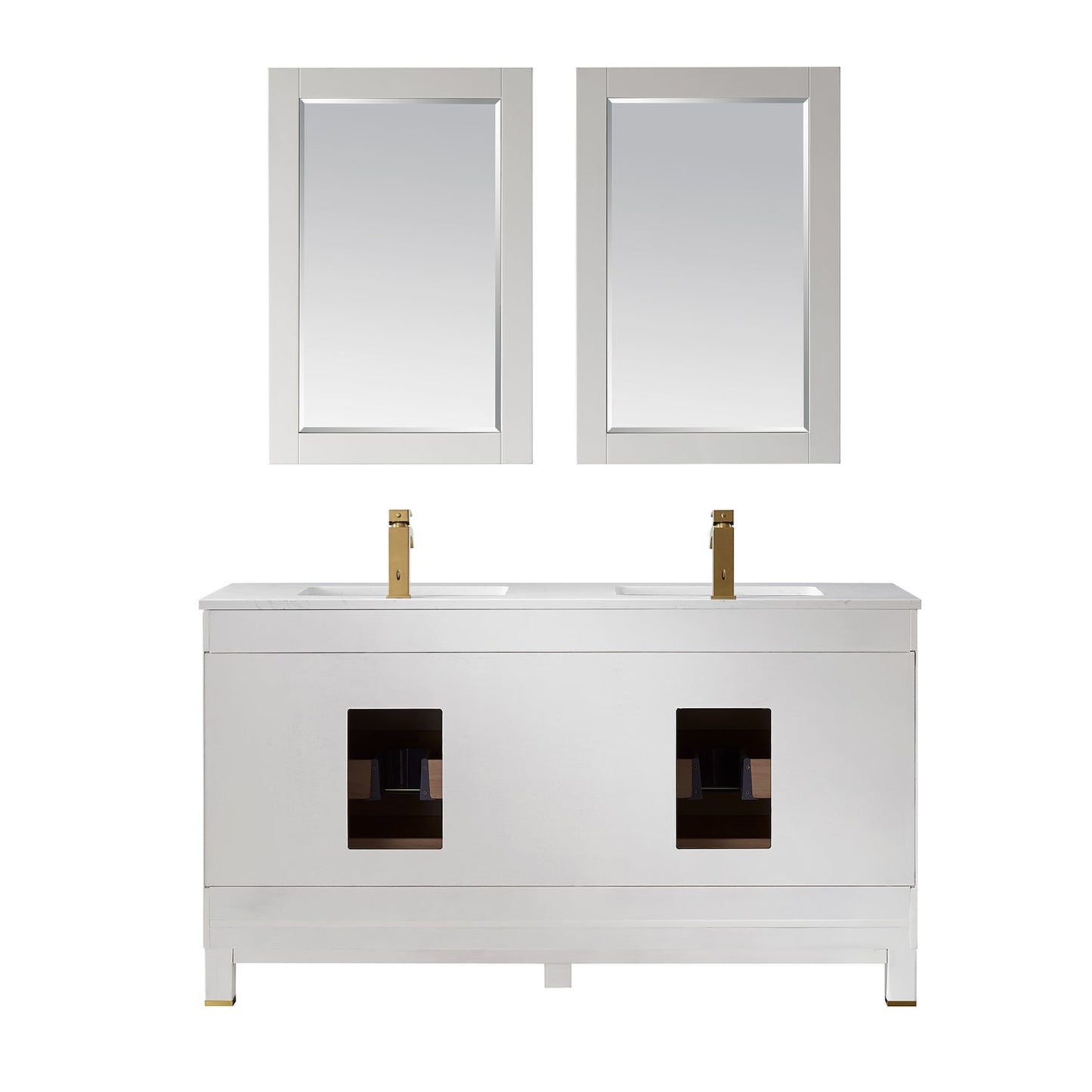 Jackson 60" Double Bathroom Vanity Set in White and Aosta White Composite Stone Countertop with Mirror