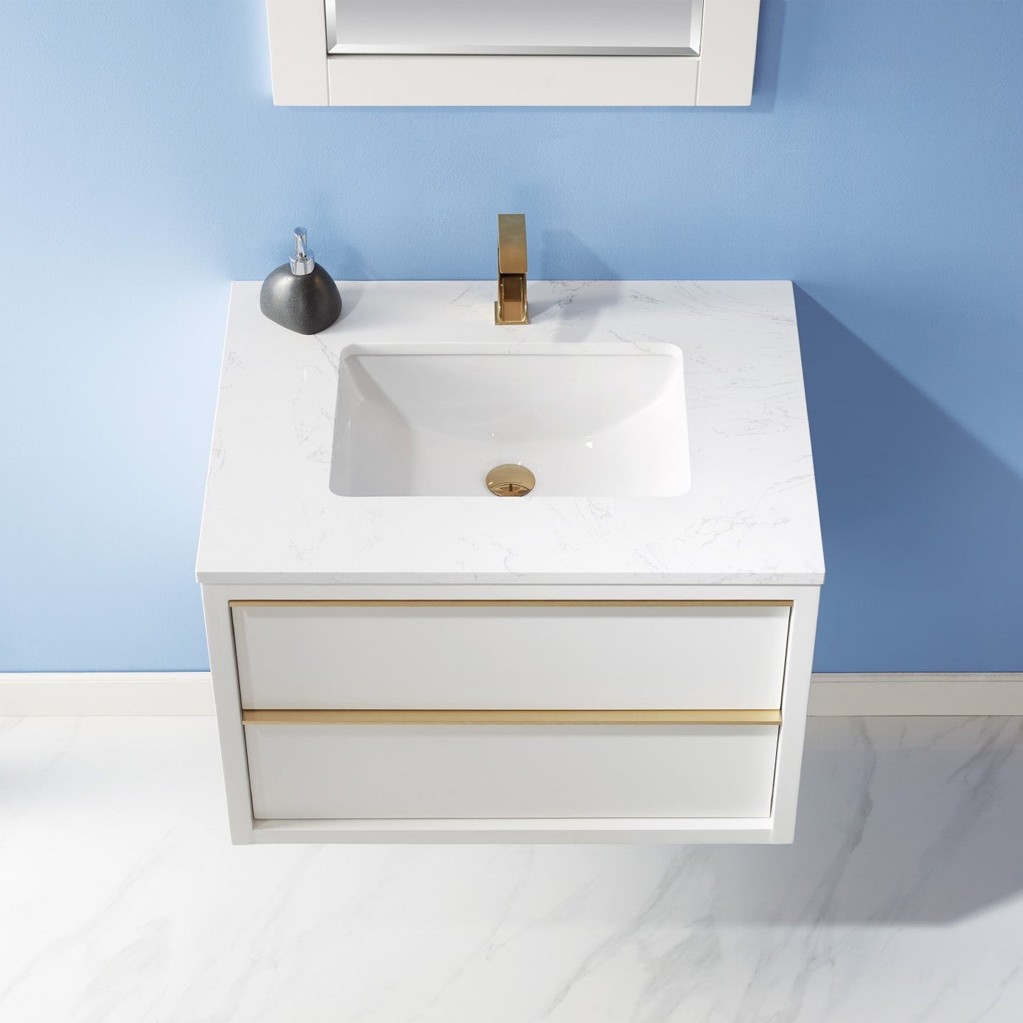 Morgan 30" Single Bathroom Vanity Set in White and Composite Carrara White Stone Countertop with Mirror